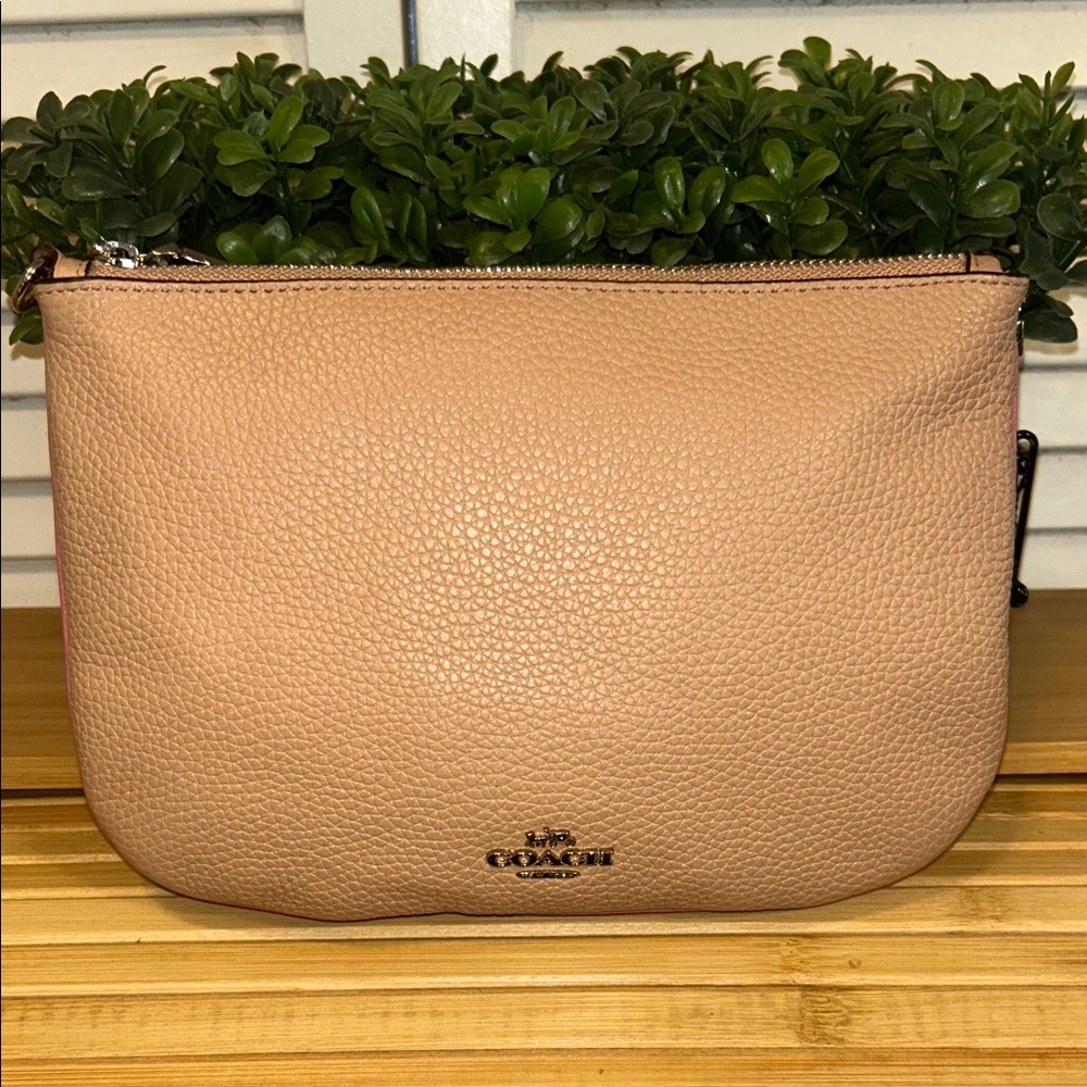 Coach Pebbled Leather 2 Sections Color Block Crossbody Bag in Pink Red & Blush